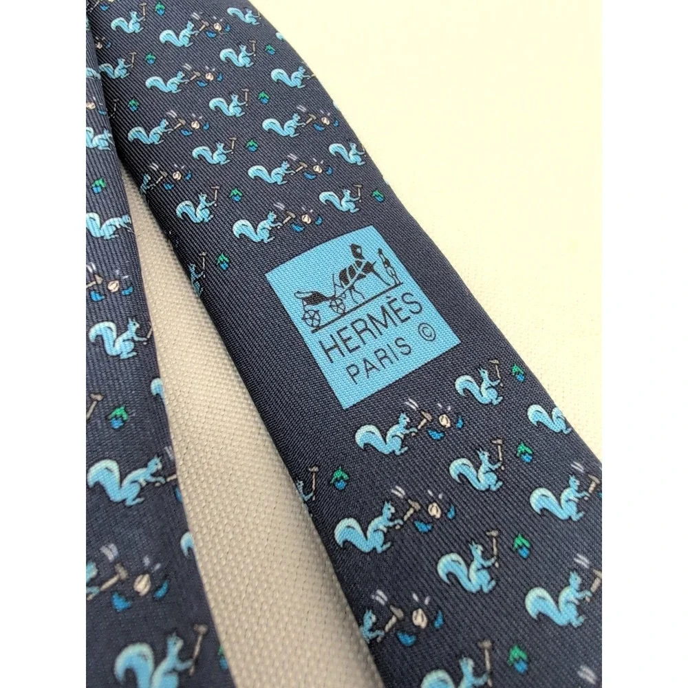 Hermes Silk Necktie Navy Blue Squirrel Cracking Nut Animal Print Made in France